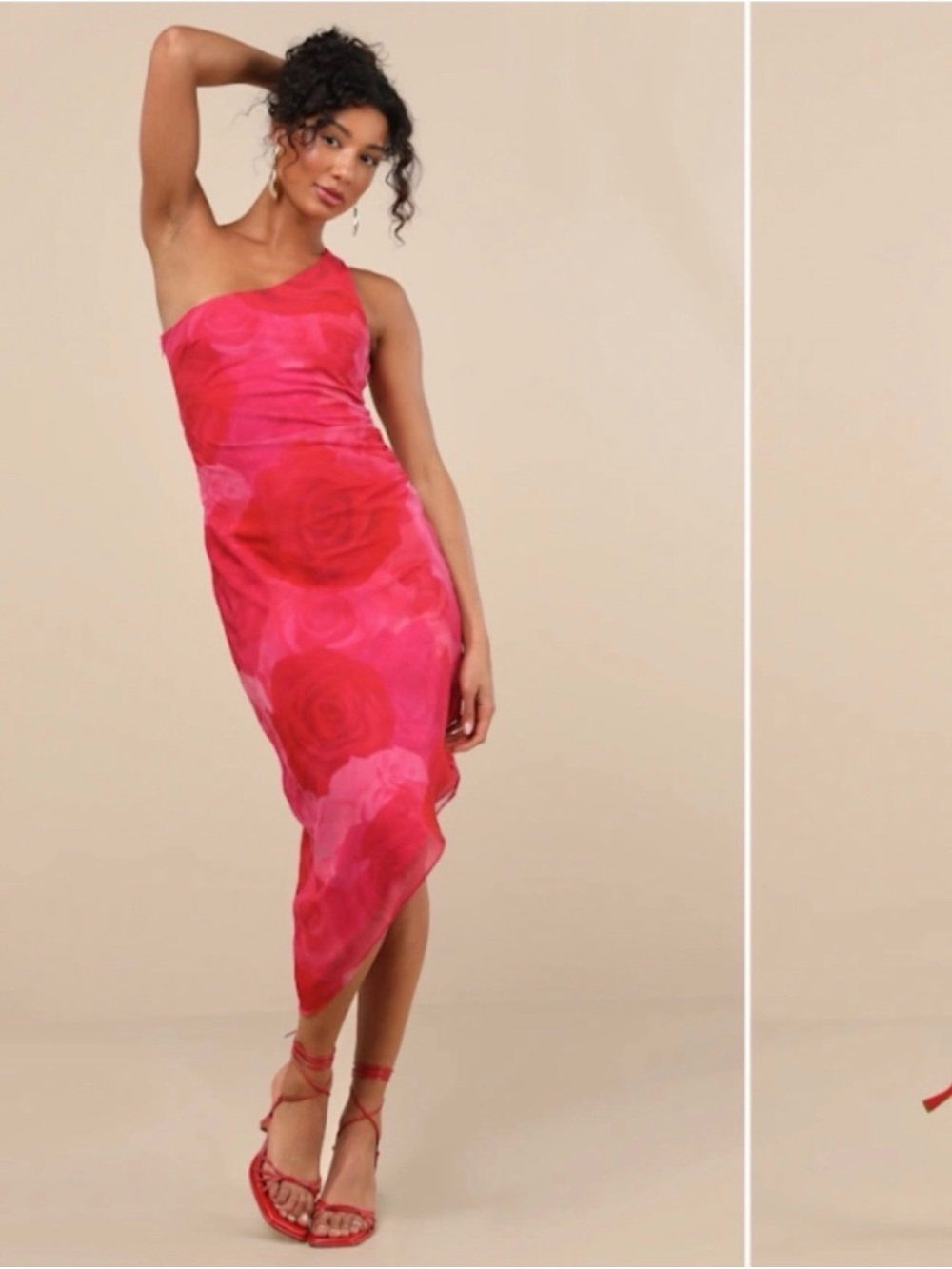 Women’s One-Shoulder Pink Rose Print Dress